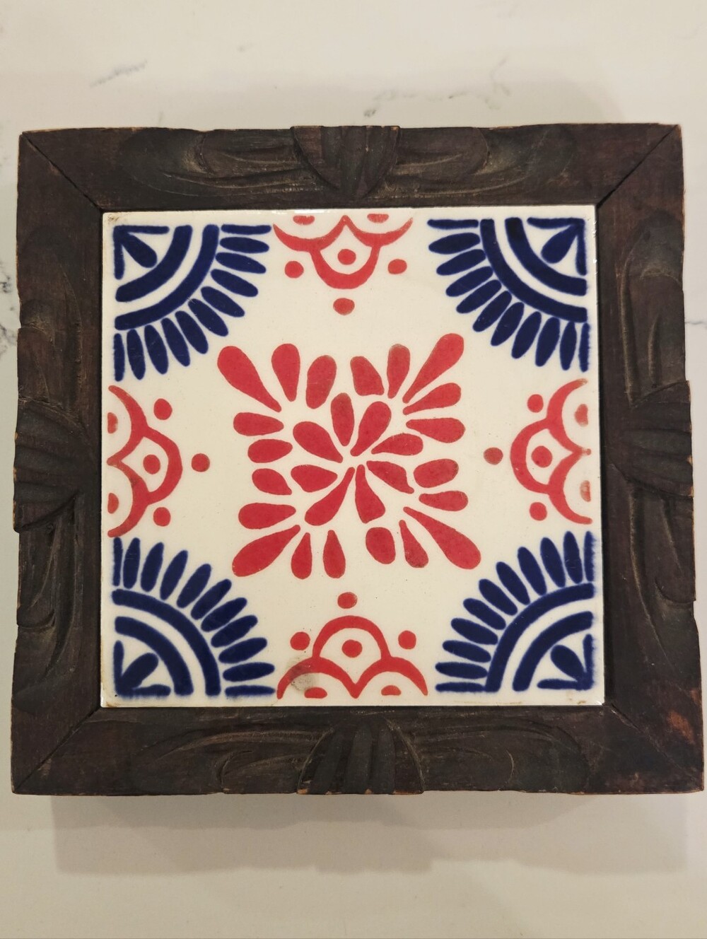 VTG Dal Monte Monterrey Mexican Talvera Trivet Blue White Red Carved Wood Tile